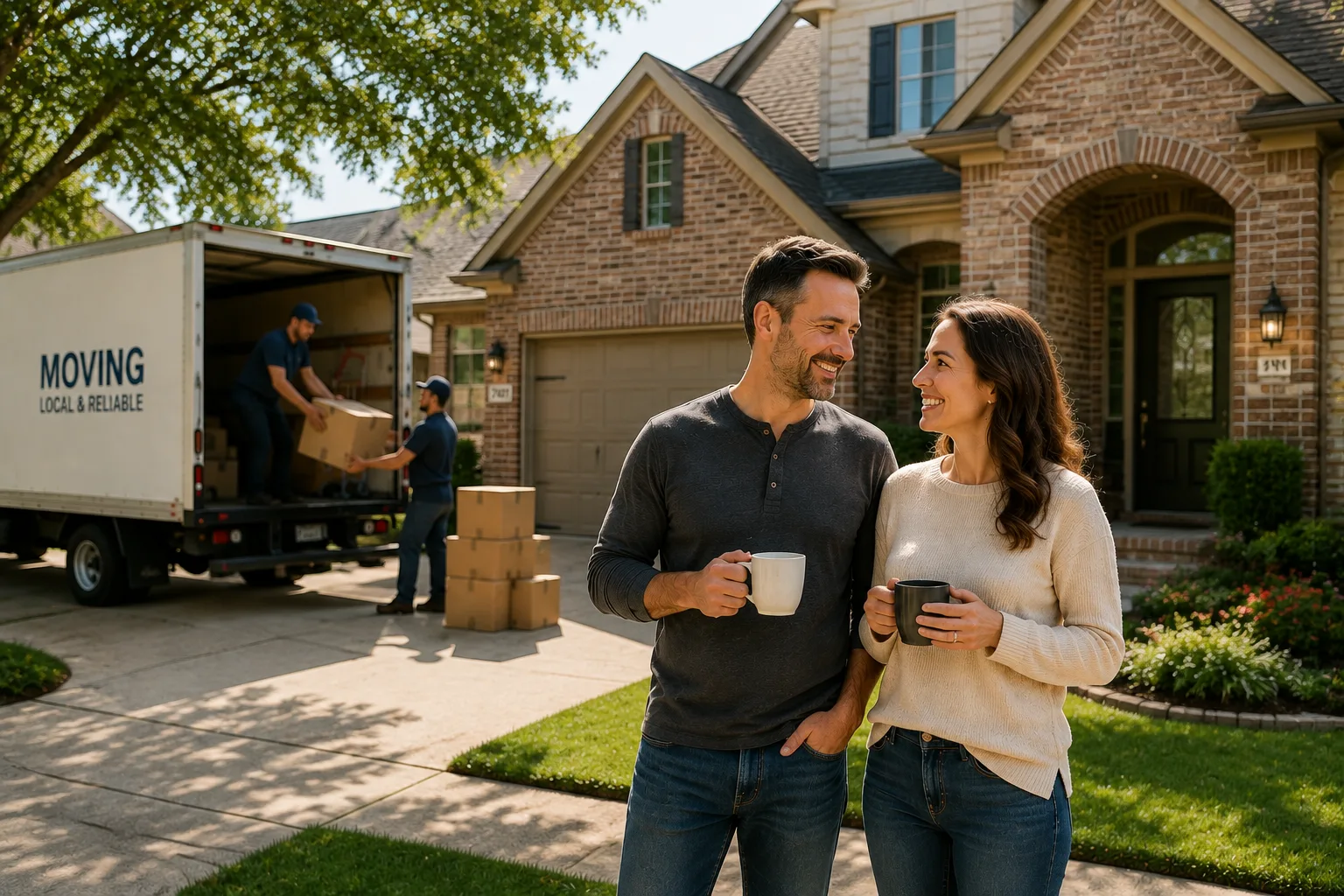 A couple outside their new brick home while movers unload nearby